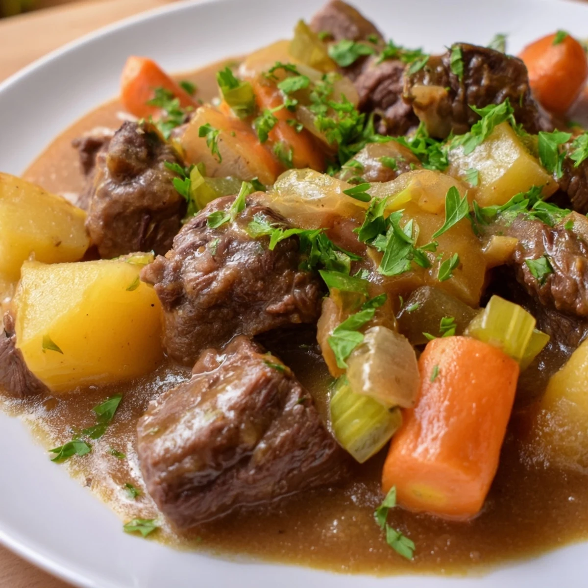 Steaming Slow Cooker Beef Stew with tender beef, hearty root vegetables, and rich broth.