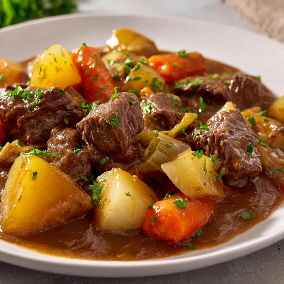 A close-up of a flavorful, slow-cooked Slow Cooker Beef Stew, perfect for a cozy dinner.