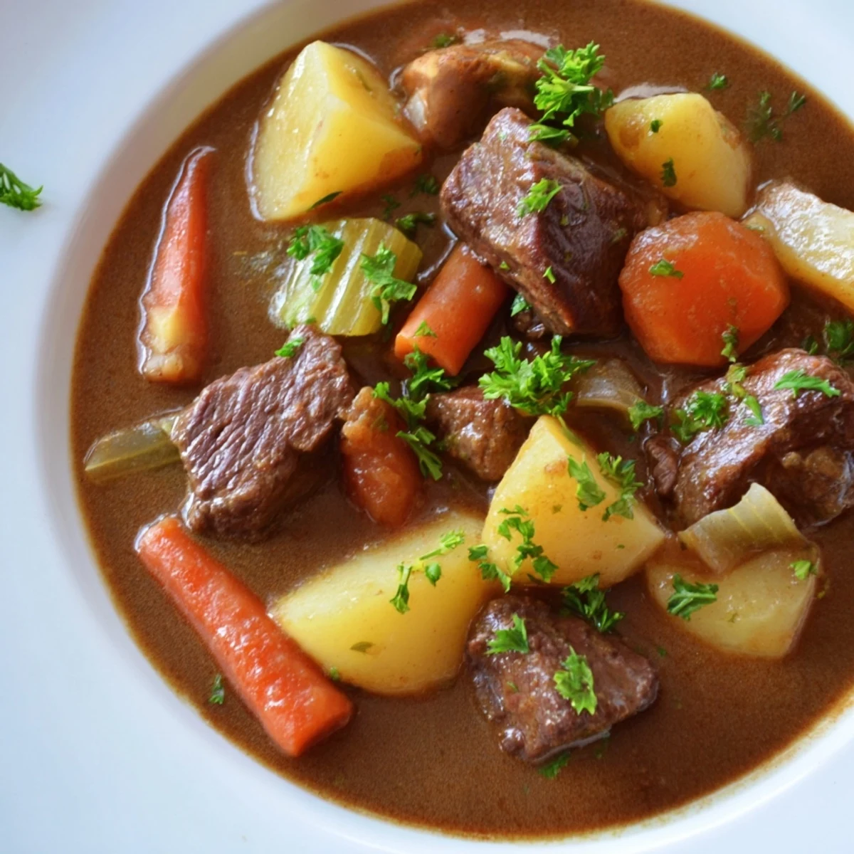 This rustic bowl of Slow Cooker Beef Stew showcases perfectly cooked beef and vegetables.