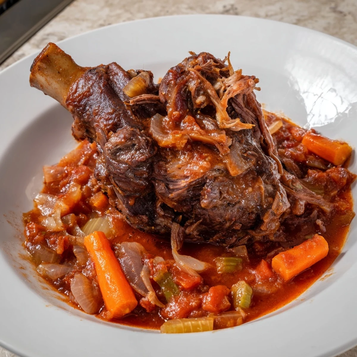 Mouthwatering image of slow cooked lamb shanks, simmering in a vibrant tomato sauce for hours.