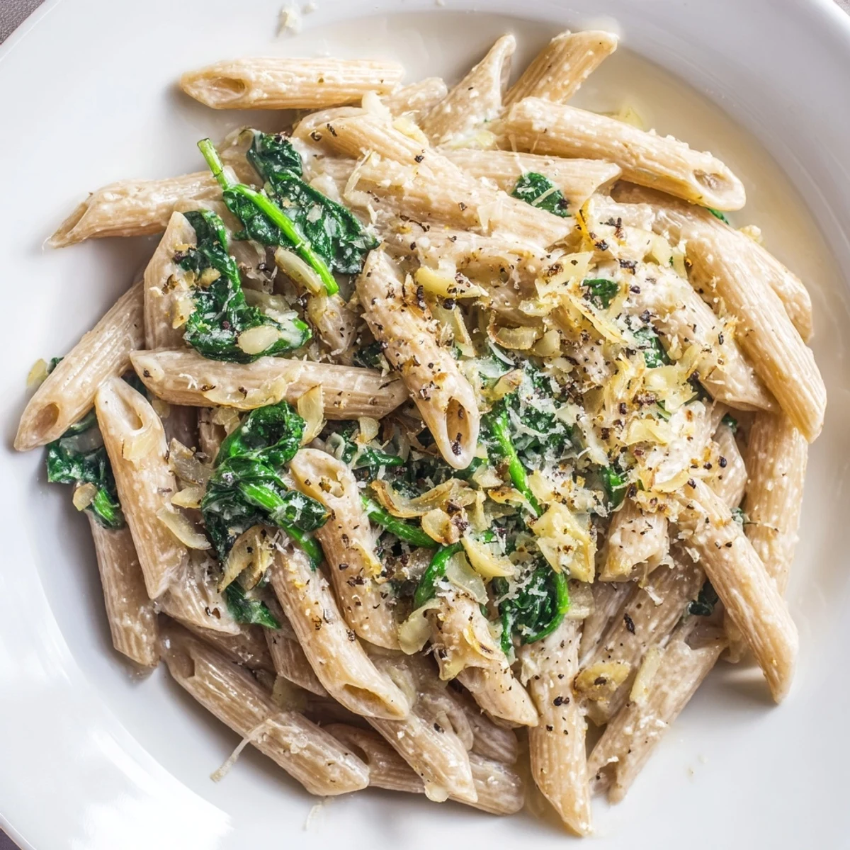 Creamy spinach pasta with garlic, a vibrant plate of pasta glistening with a rich, creamy sauce.