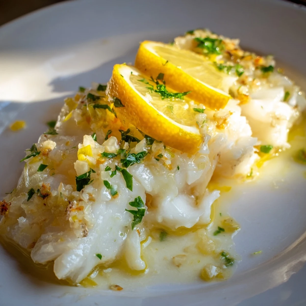 Golden-brown Baked Cod with Lemon and Butter, the flaky fish glistening after baking, ready to eat.