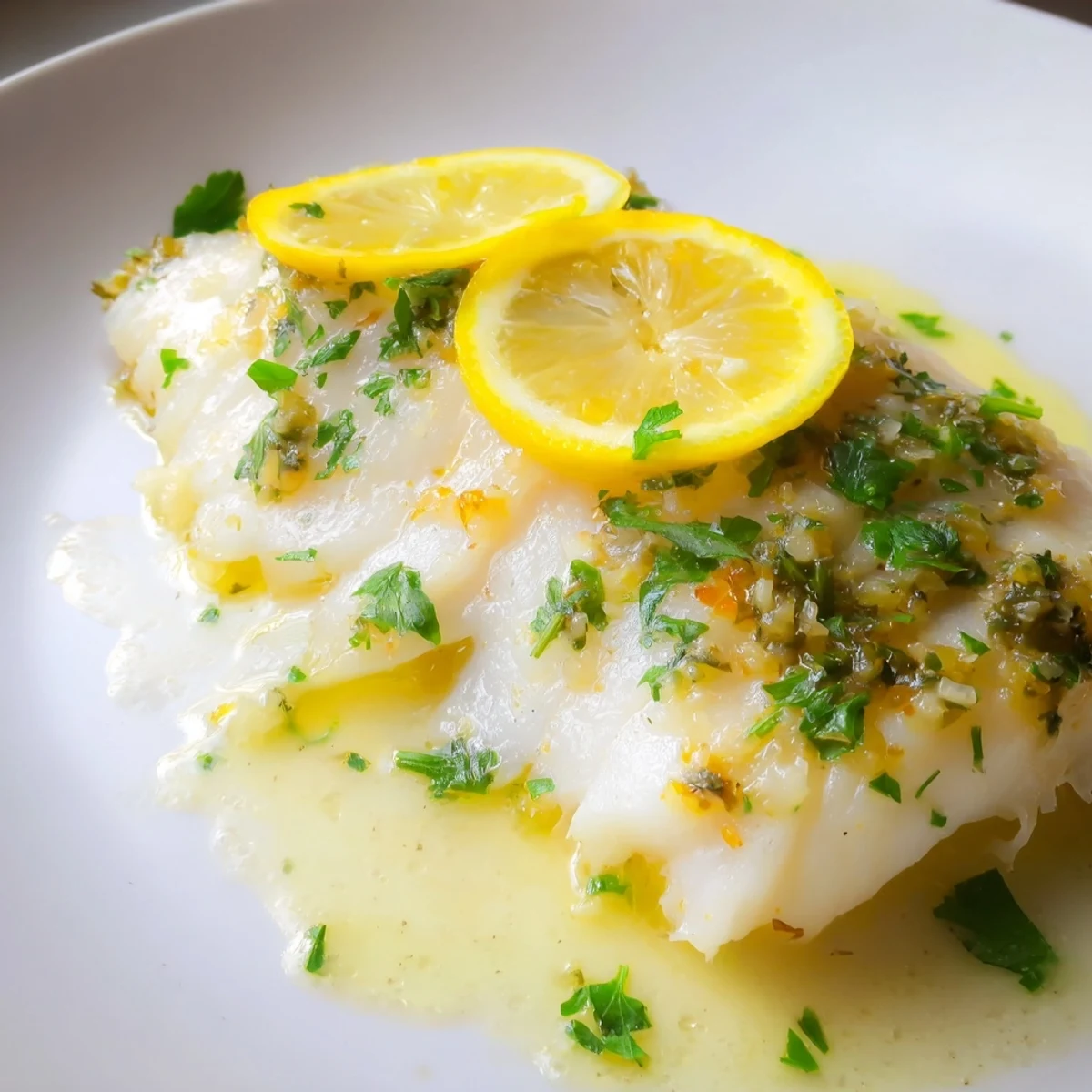 Perfectly cooked Baked Cod with Lemon and Butter, served alongside lemon wedges, ready for a delicious dinner.