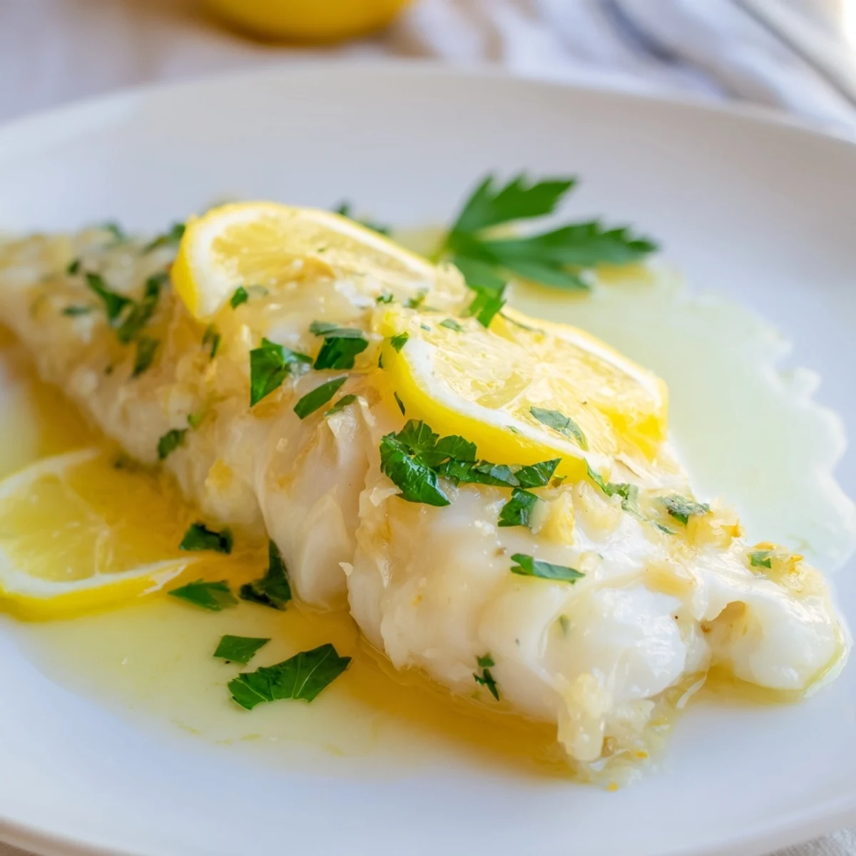 Close-up of freshly baked cod; butter sauce soaking in, topped with bright lemon slices and parsley.
