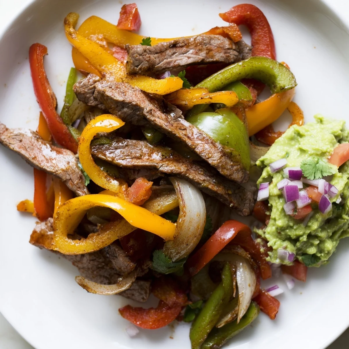 Sizzling beef fajitas with guacamole, vibrant peppers, and onions, ready for wrapping in warm tortillas.