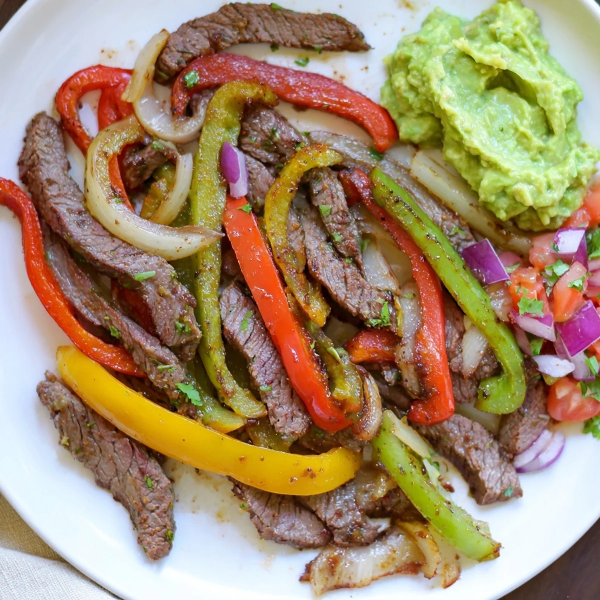 A close-up of delicious beef fajitas featuring tender beef, colorful bell peppers, and fresh homemade guacamole.
