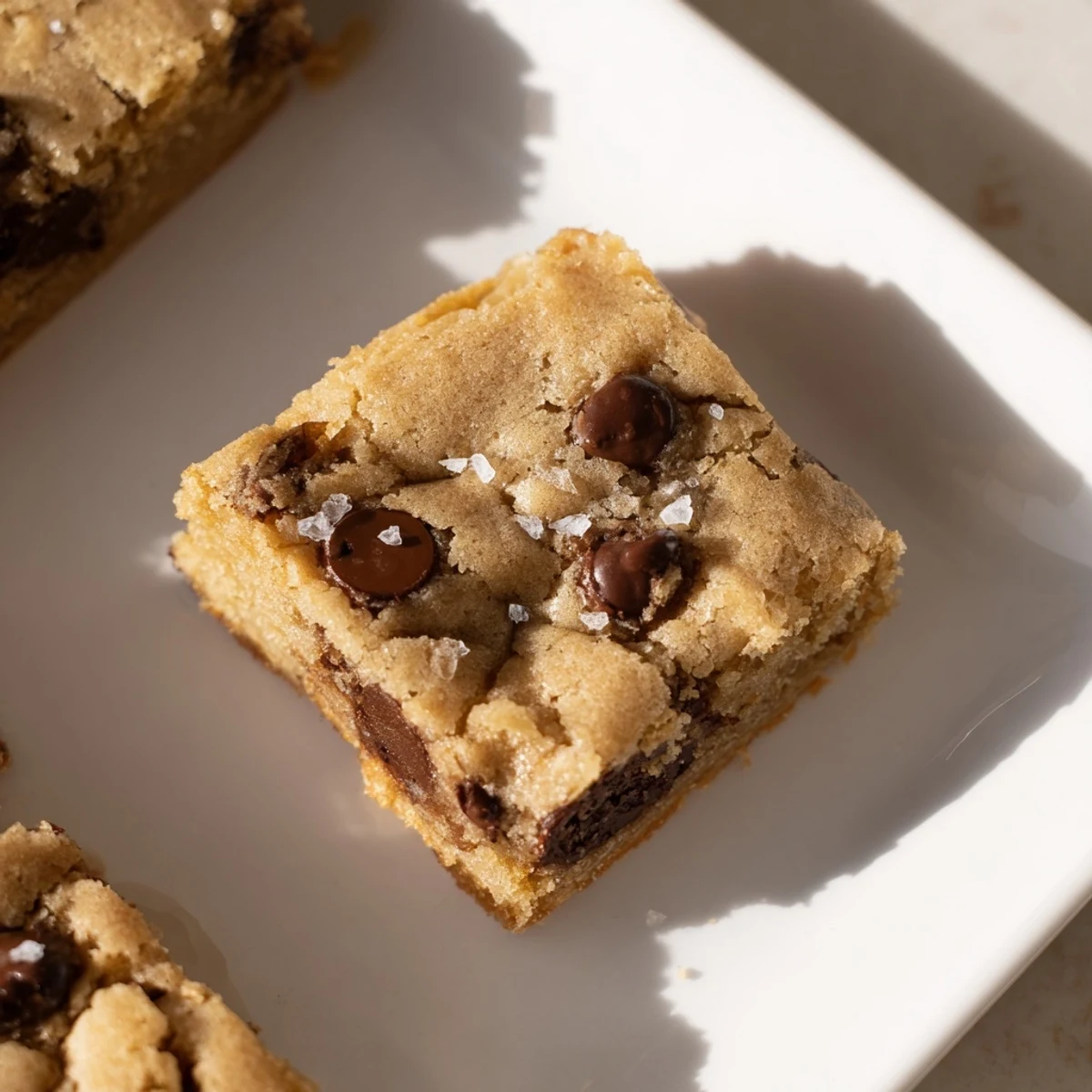 Golden-brown chocolate chip cookie bars, studded with melty chocolate, freshly baked and ready to eat.