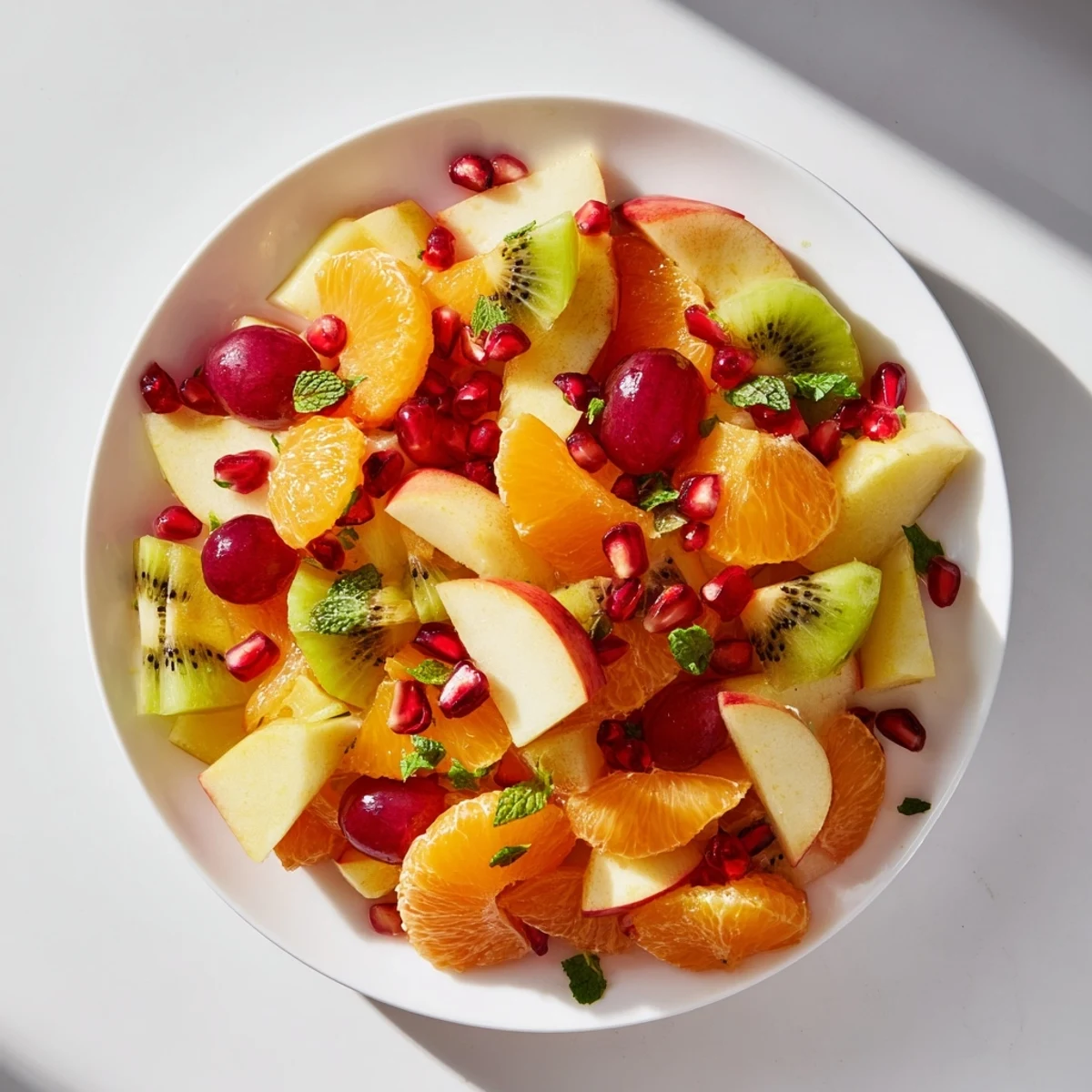 Vibrant winter fruit salad with mint, bursting with juicy oranges and ruby pomegranate seeds.