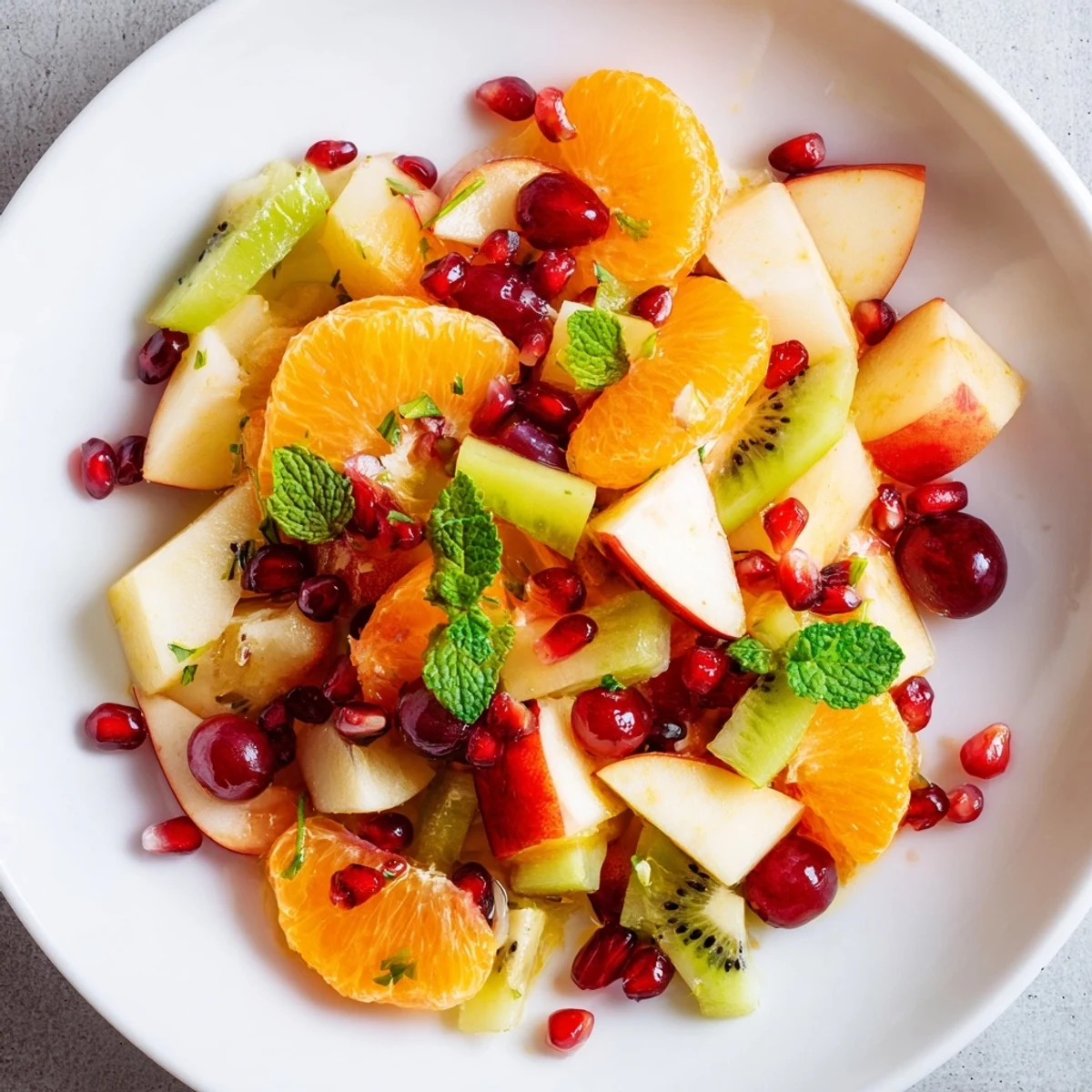 This colorful winter fruit salad with mint features a lemon-honey dressing, ideal as a light dessert.