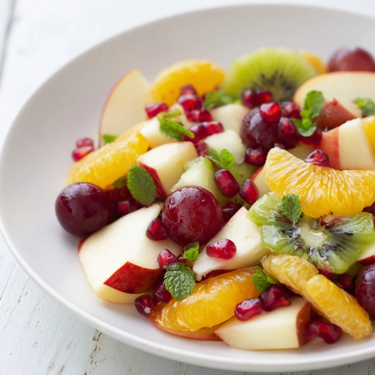 Enjoy a refreshing scoop of winter fruit salad with mint, showcasing fresh kiwi, pear, and grapes.