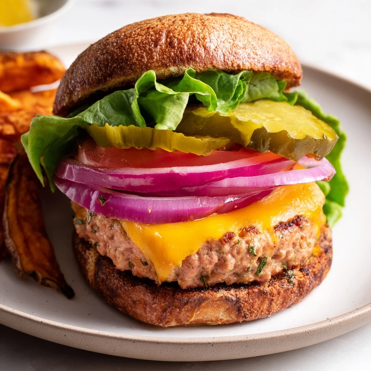 Juicy turkey burger with melted cheese and sweet potato fries, a comforting American dinner.