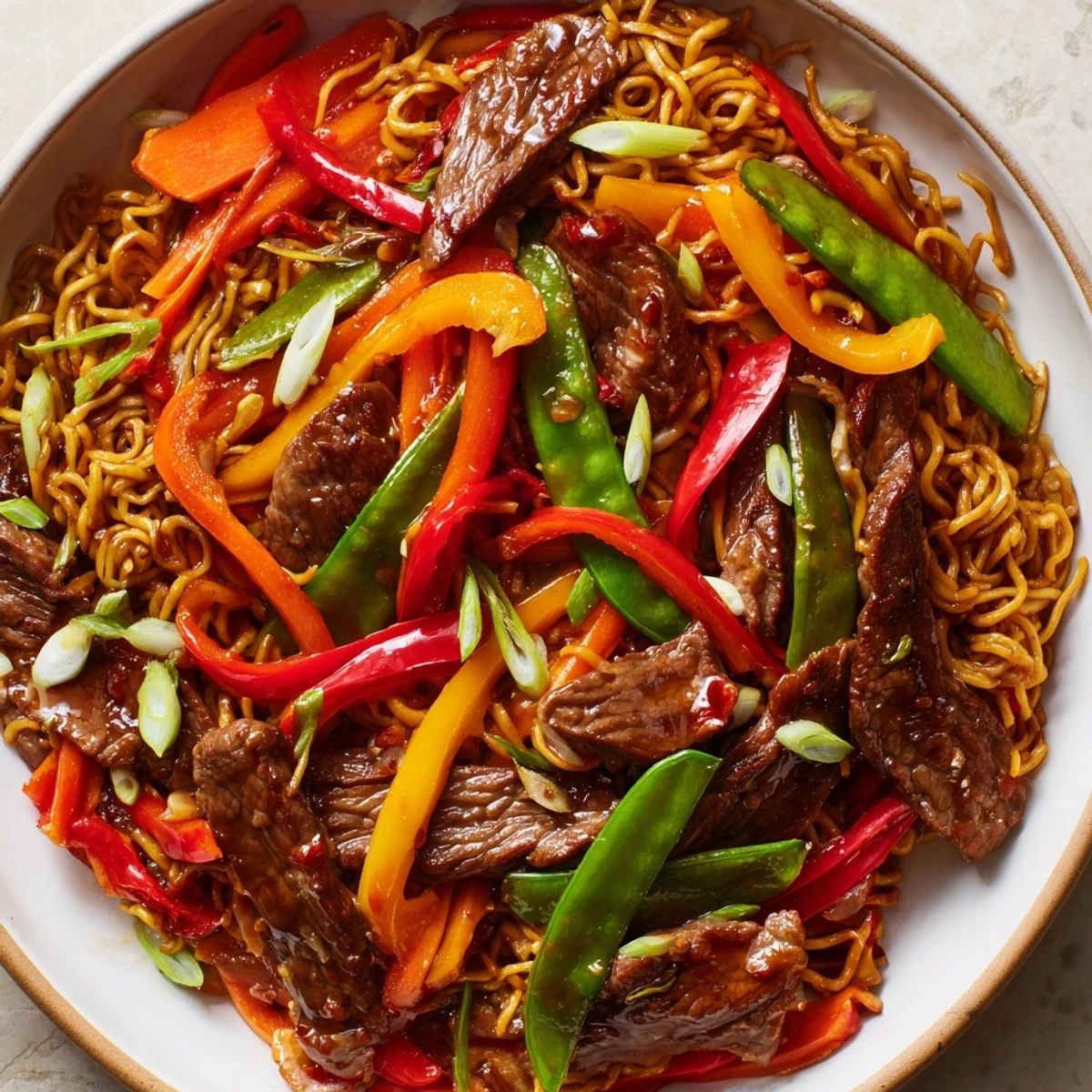 Close-up of a flavorful Spicy Beef Stir Fry with Noodles, showcasing tender beef and colorful vegetables.