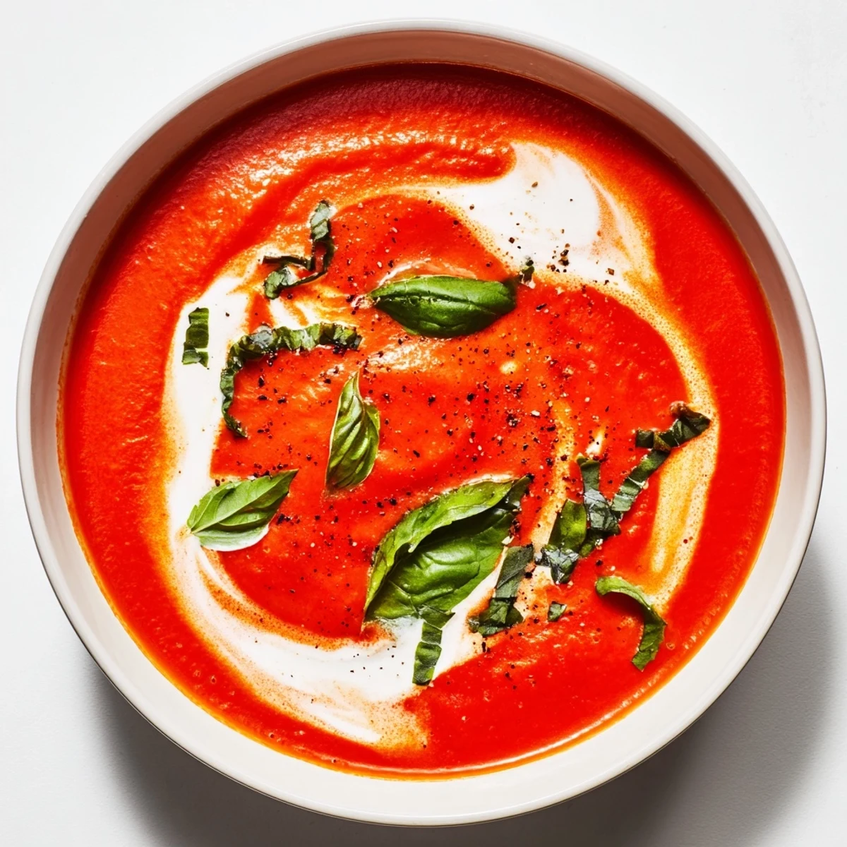 A steaming bowl of Creamy Tomato Soup, garnished with vibrant basil and a swirl of cream.