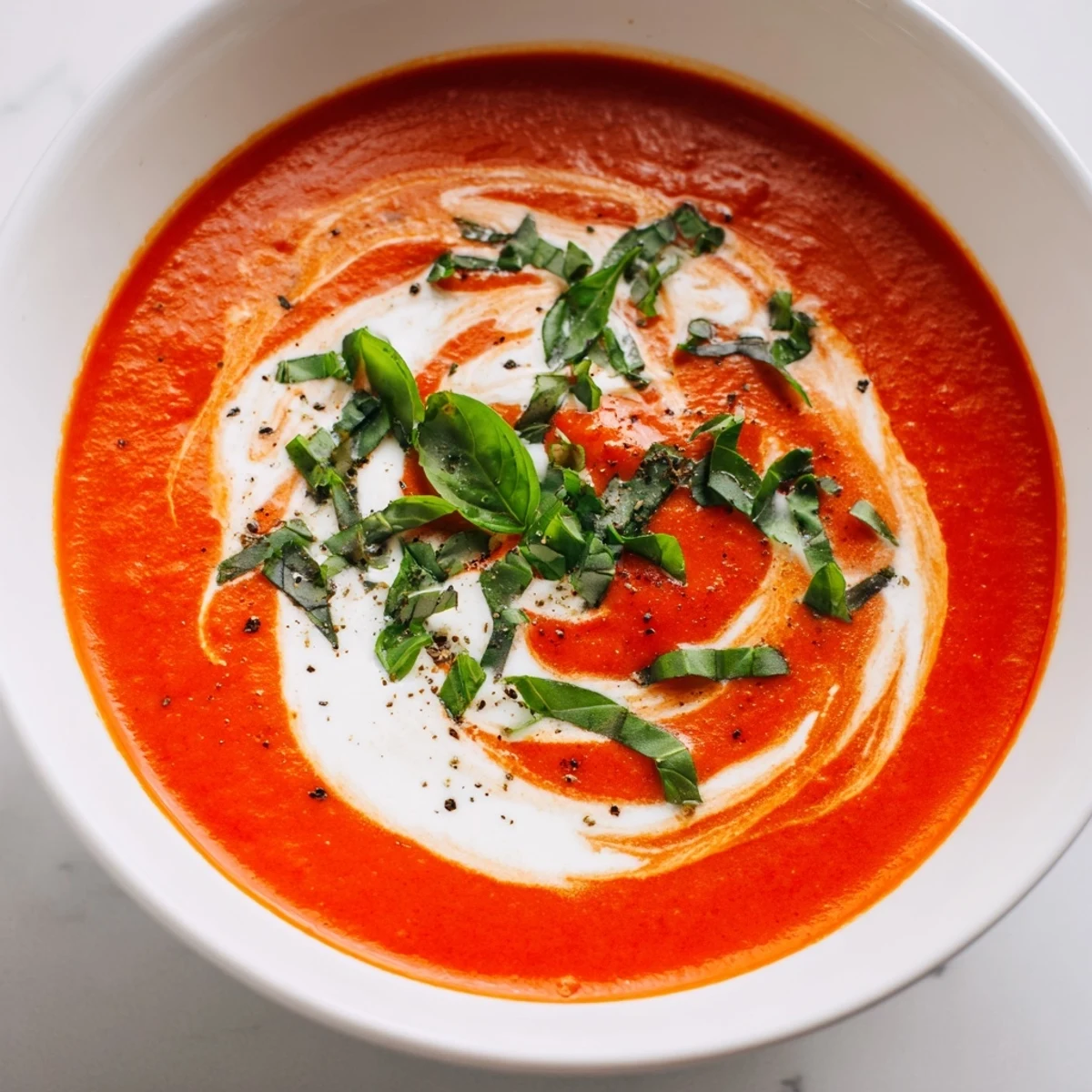 Bright red Creamy Tomato Soup with hints of fresh basil, perfect alongside a grilled cheese sandwich.