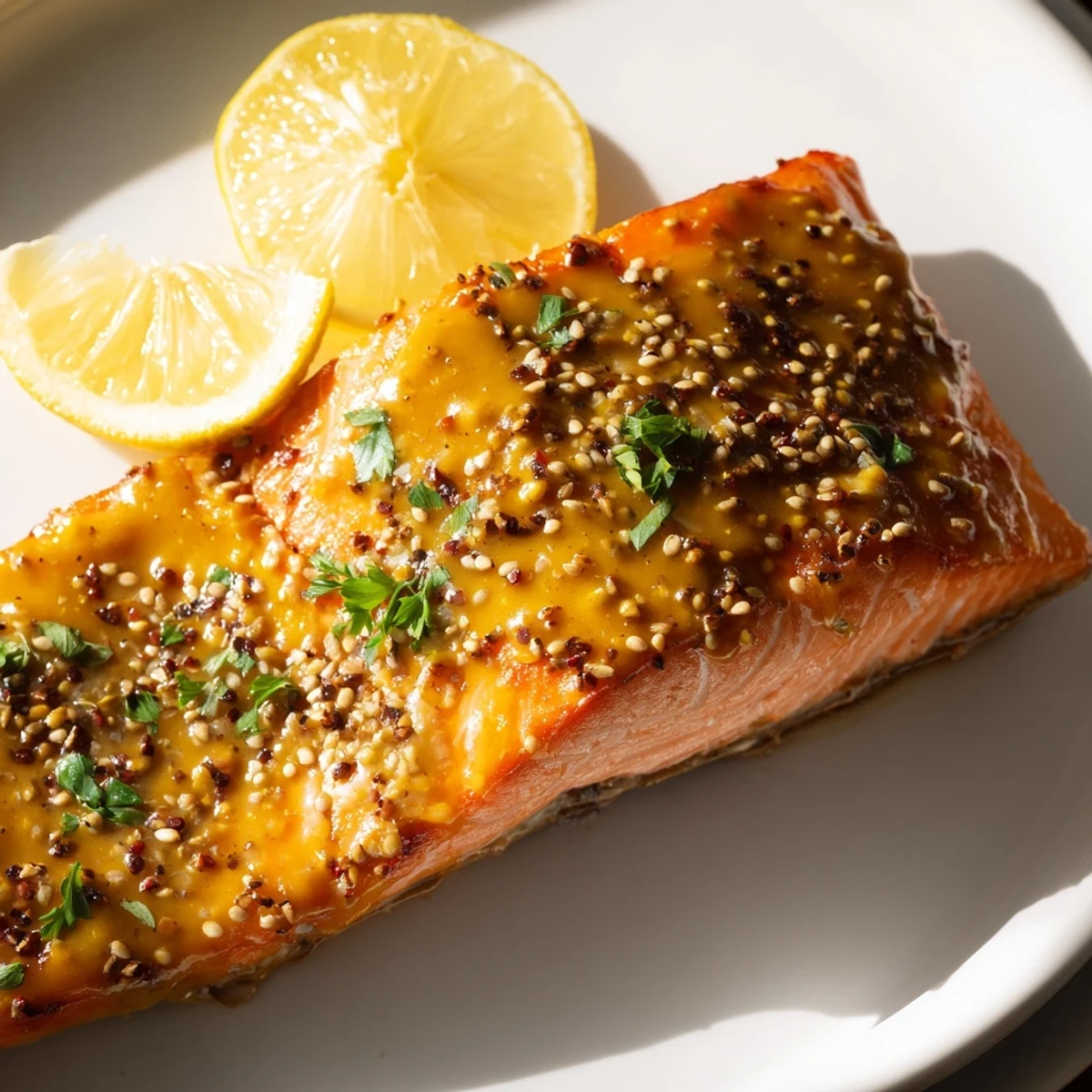 Flaky, cooked baked salmon with honey mustard, a delicious main course with parsley garnish, perfect for dinner.