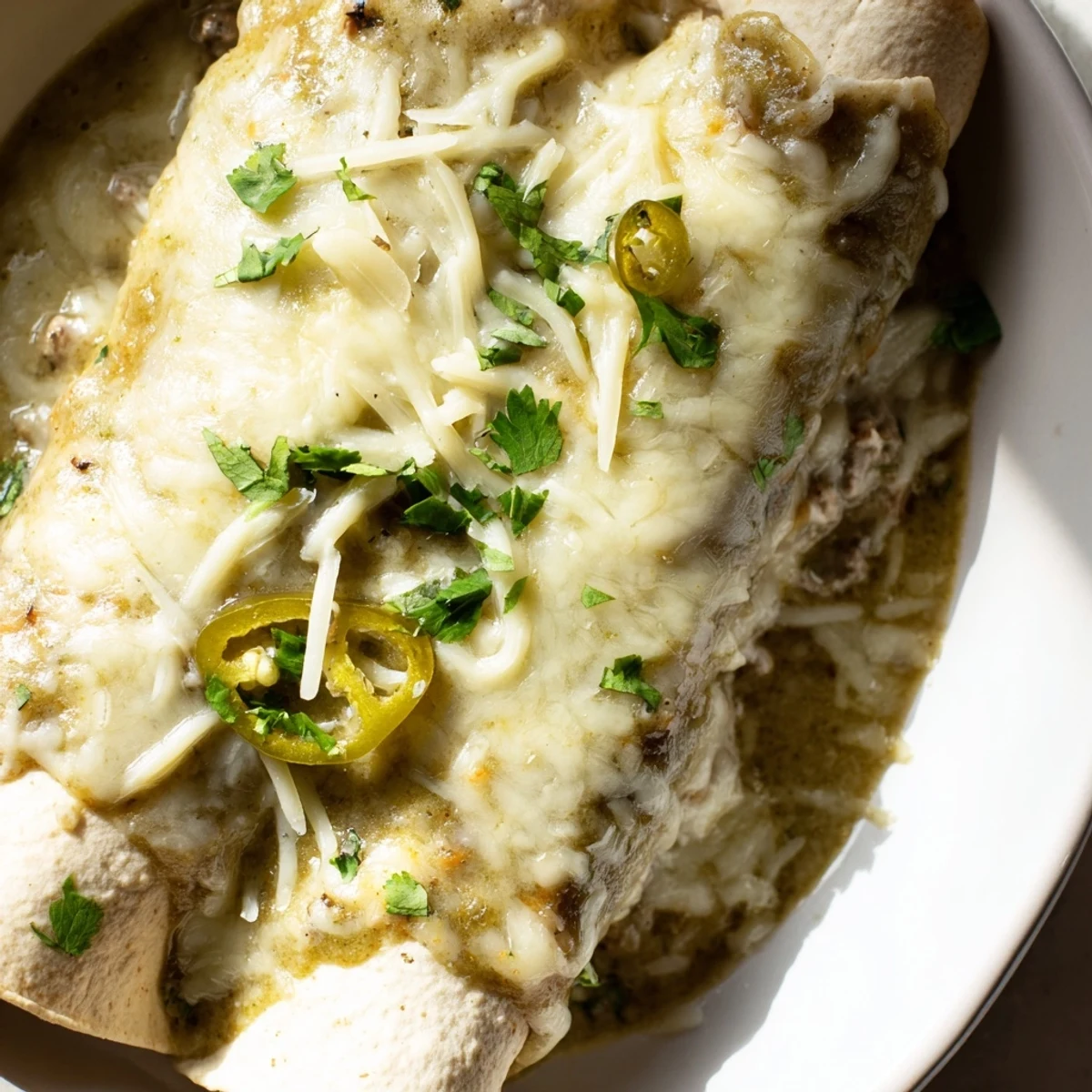 Steaming Beef Enchiladas with green sauce, cheese bubbling, offering a savory and irresistible aroma.