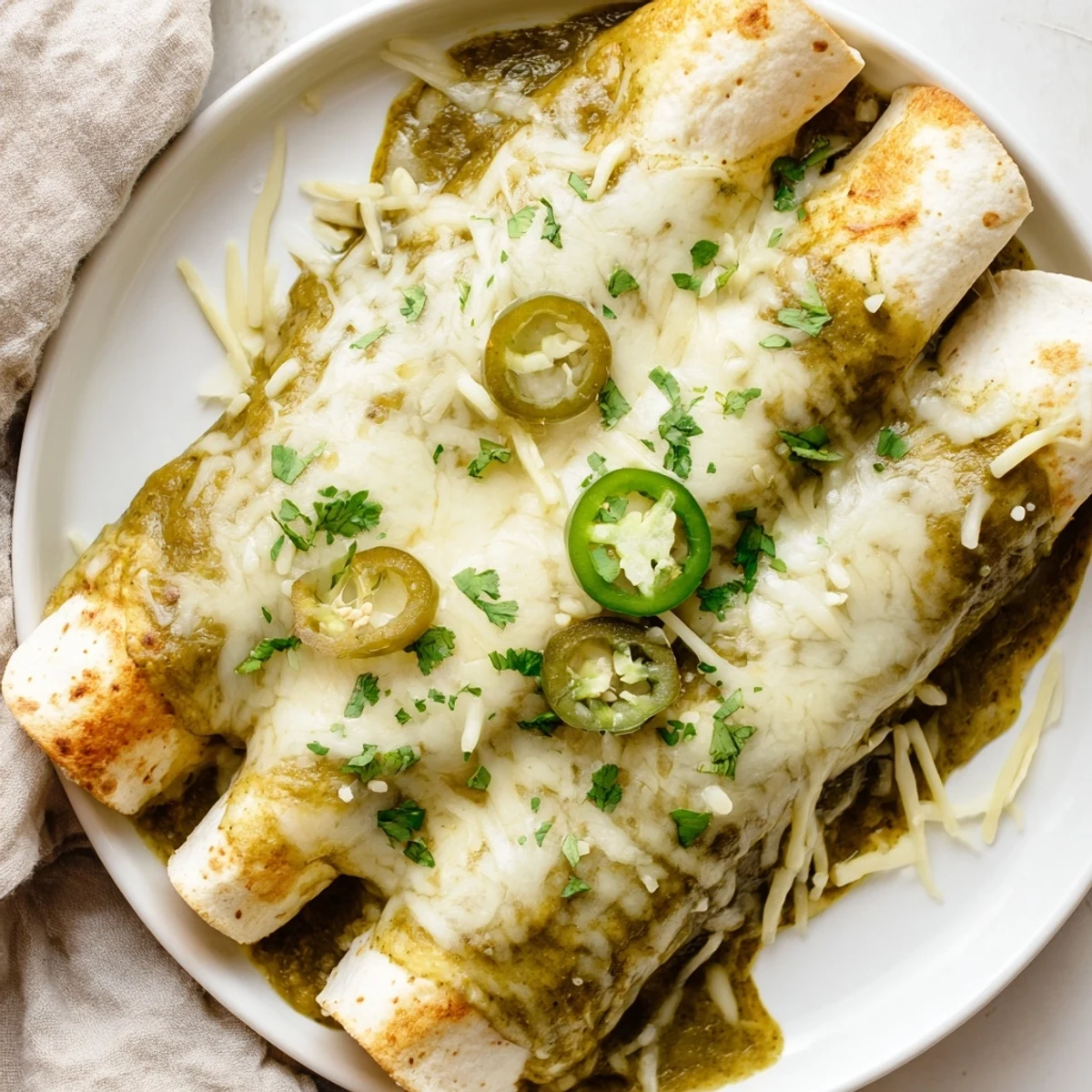 Golden-baked Beef Enchiladas showcasing a rich green sauce, cheese pull, perfect for a fulfilling dinner.