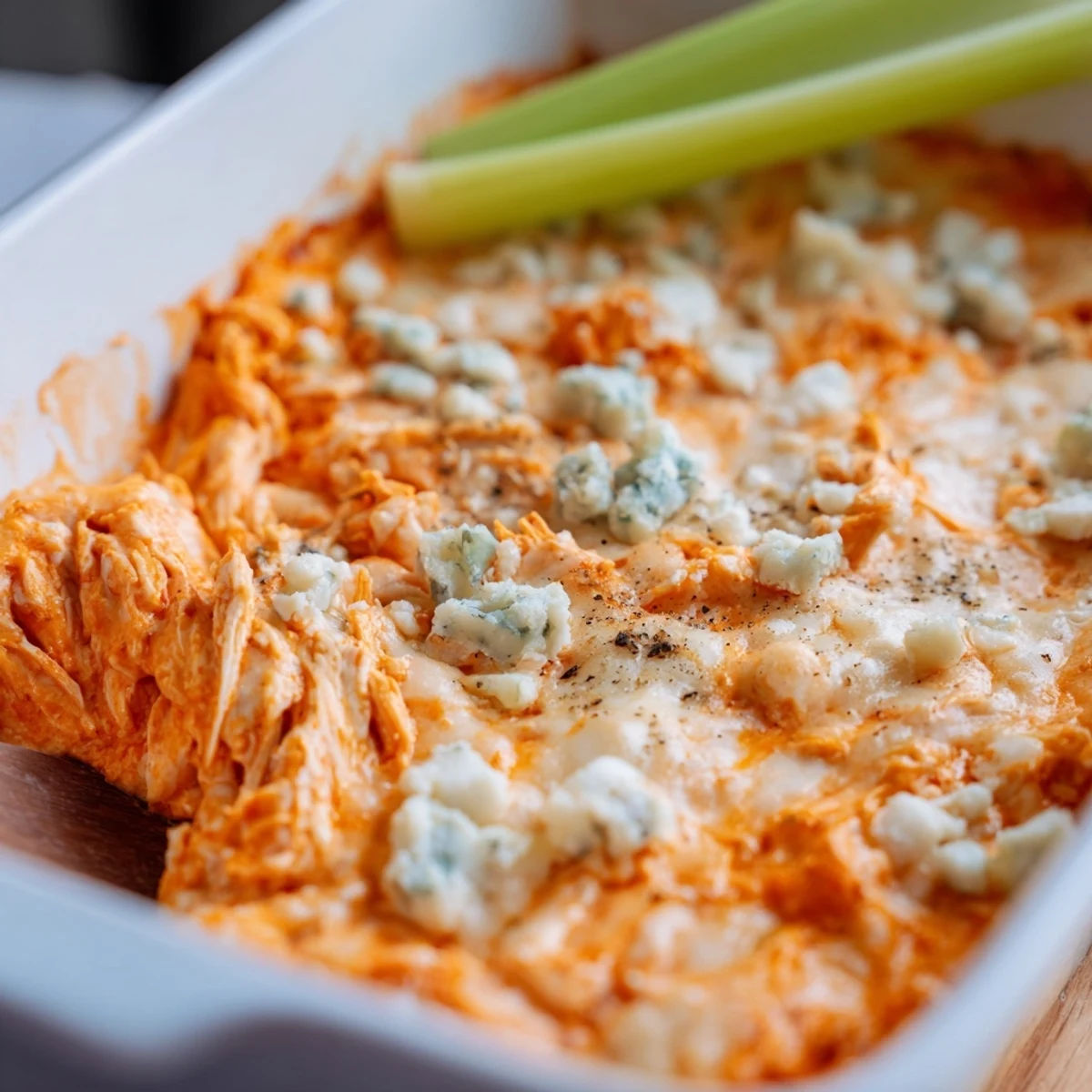 Golden, bubbly Spicy Buffalo Chicken Dip served alongside crisp fresh celery sticks for dipping. 