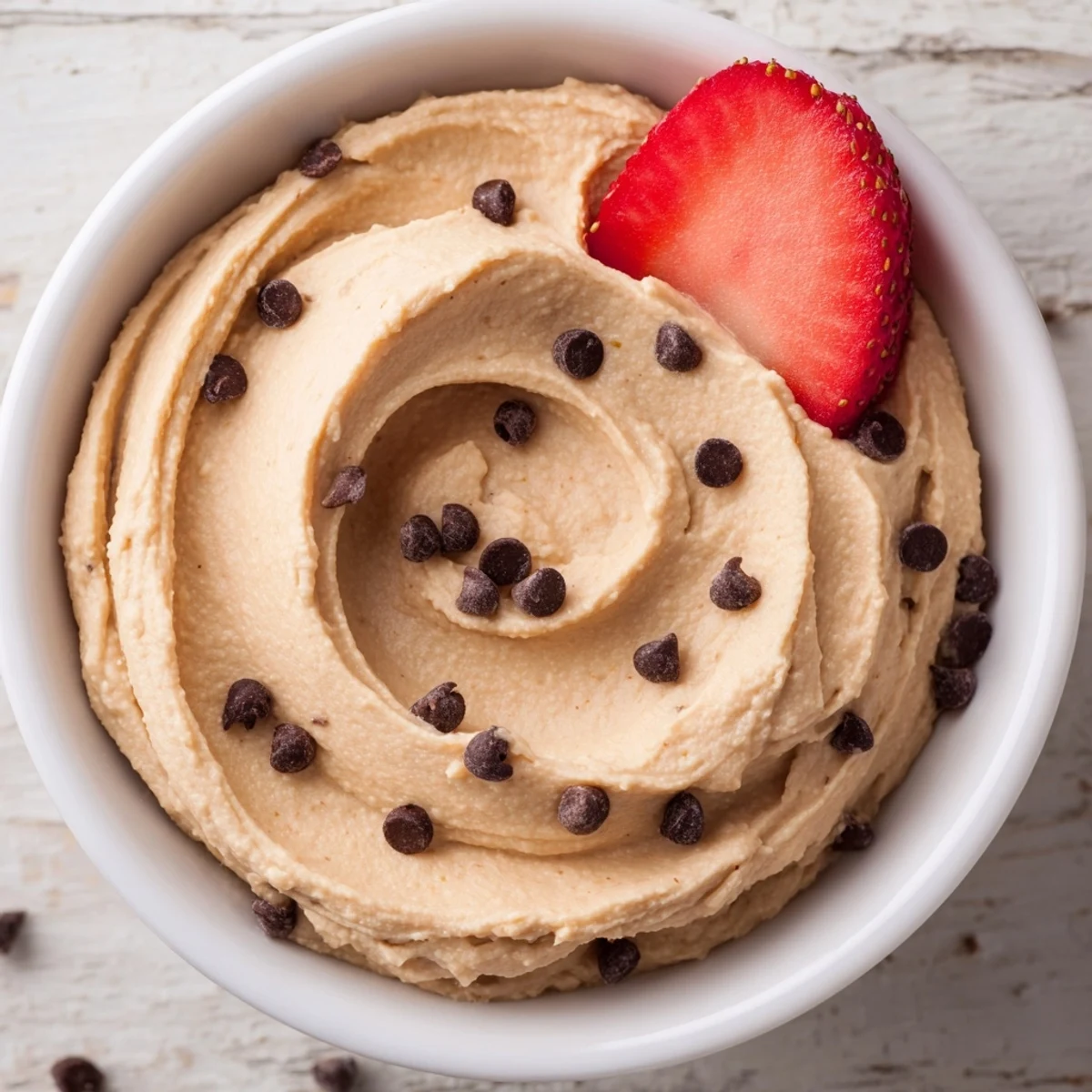 Creamy Chocolate Chip Cookie Dough Hummus dip topped with mini chocolate chips and surrounded by fresh fruit for a healthy snack.
