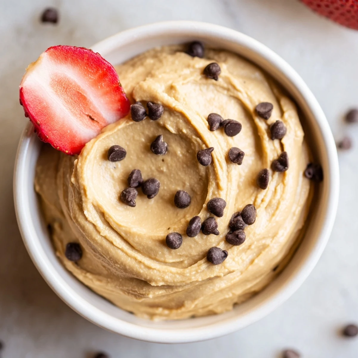 A bowl of sweet Chocolate Chip Cookie Dough Hummus with apple slices, strawberries, and grapes on a rustic wooden table.