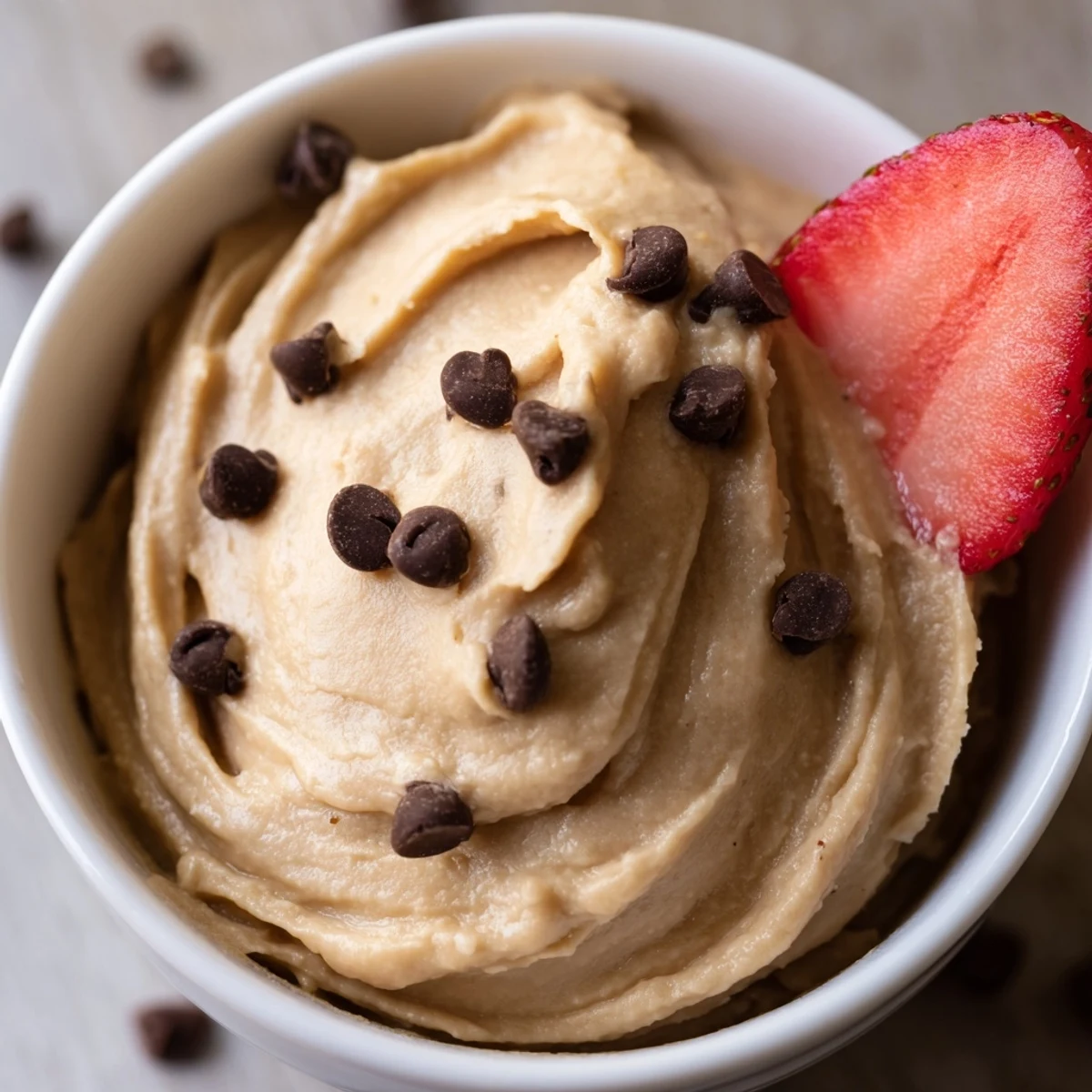 A healthy, no-bake Chocolate Chip Cookie Dough Hummus served with assorted fresh fruit for a delicious kid-friendly dessert dip.