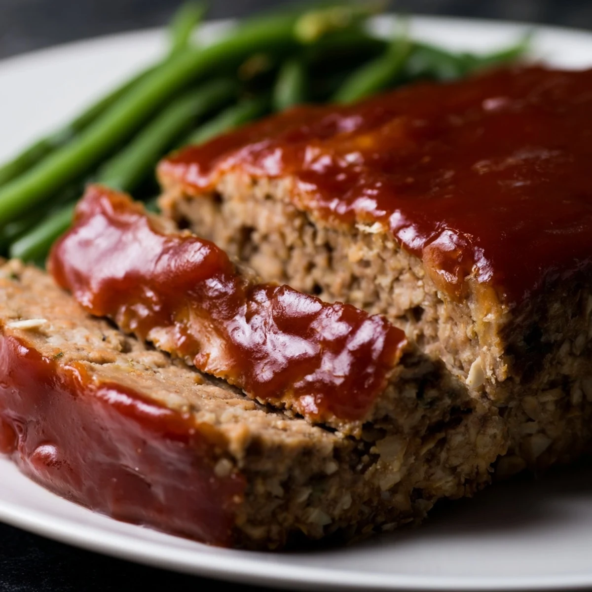 Freshly baked turkey meatloaf with tangy glaze, served with crisp-tender green beans on a rustic plate.