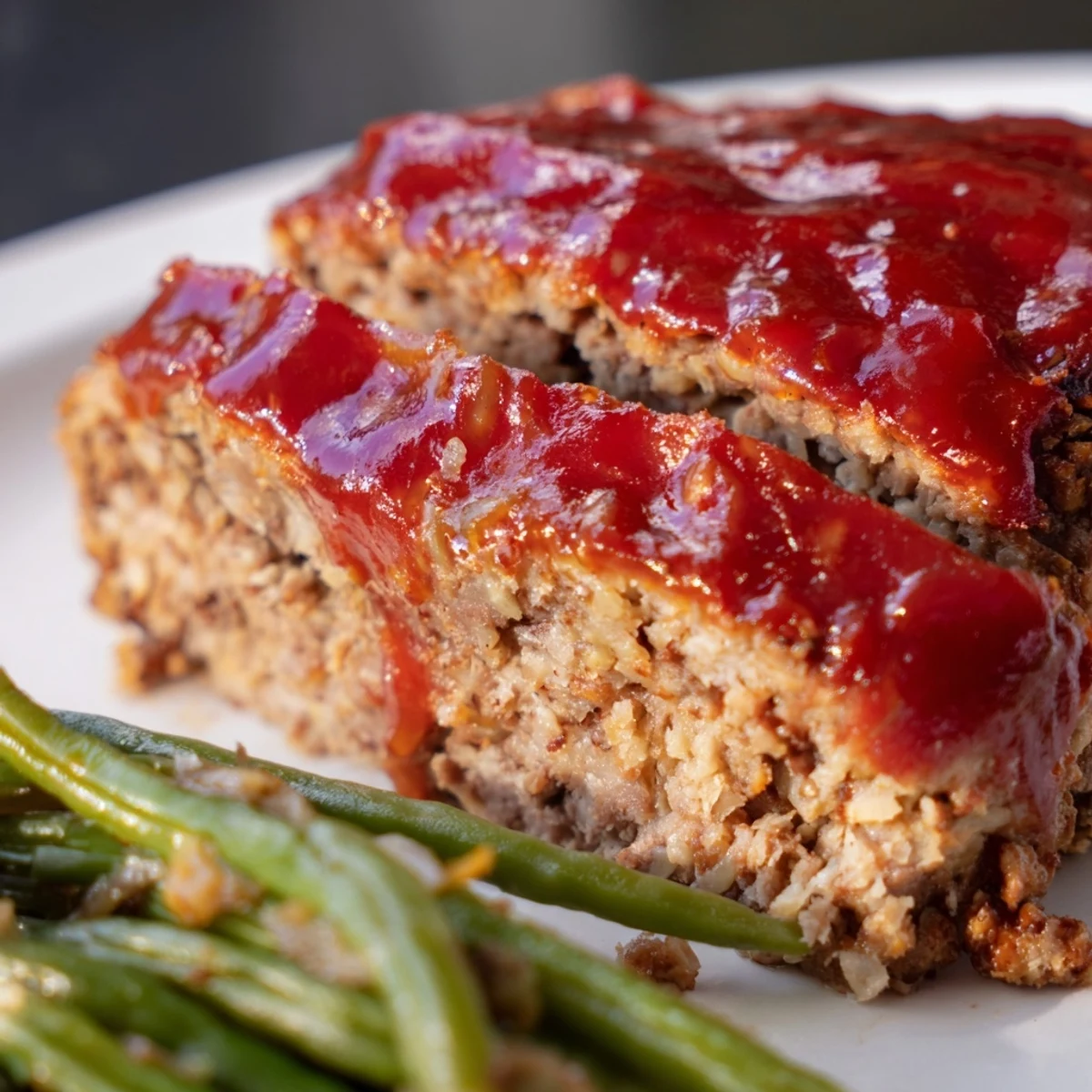 Golden-brown turkey meatloaf glazed with sweet ketchup sauce, paired with sautéed garlic green beans for dinner.