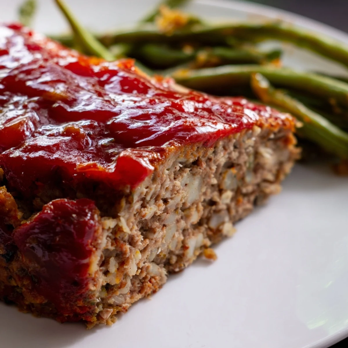 Sliced juicy turkey meatloaf revealing savory herbs, alongside bright green beans ready for a comforting meal.