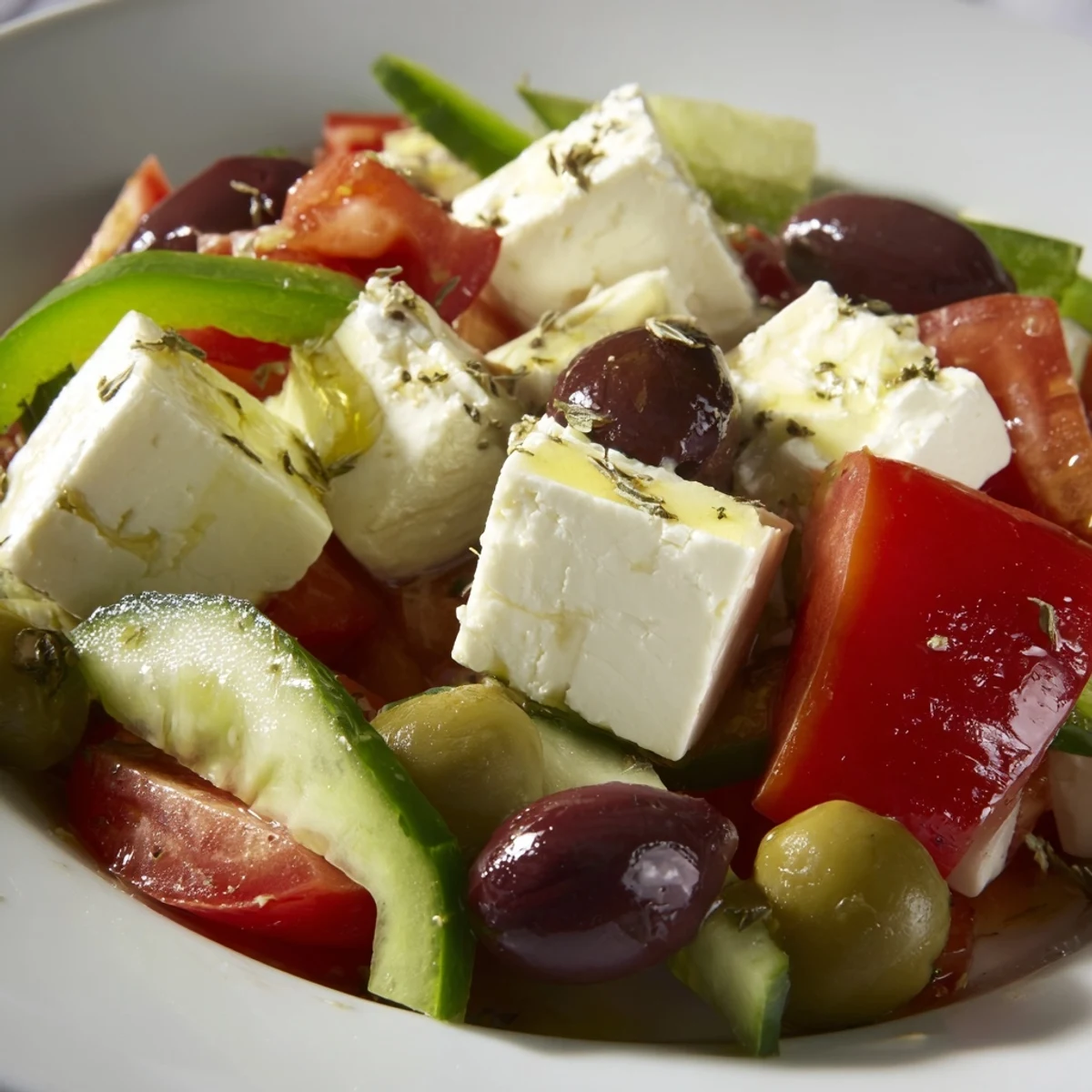 Green bell pepper rings and thin red onion slices add crunch to this vibrant Greek Salad, drizzled with zesty olive oil dressing.