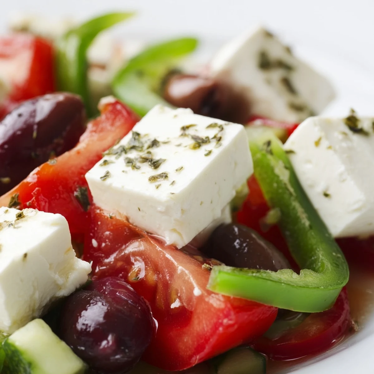 Fresh, ripe tomato wedges and crisp cucumber slices are tossed with briny Kalamata olives and creamy feta cheese in a Greek Salad.