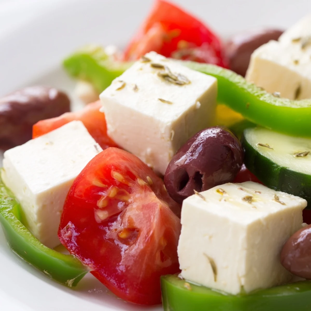 A plated serving of classic Greek Salad featuring cubed feta, Kalamata olives, and fresh oregano garnish, perfect alongside grilled chicken or pita.