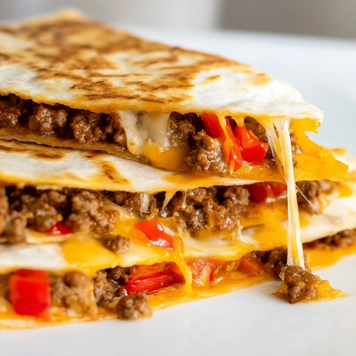 Close-up of a sliced Beef Quesadilla revealing seasoned ground beef, diced bell peppers, and Monterey Jack cheese, served with creamy guacamole.
