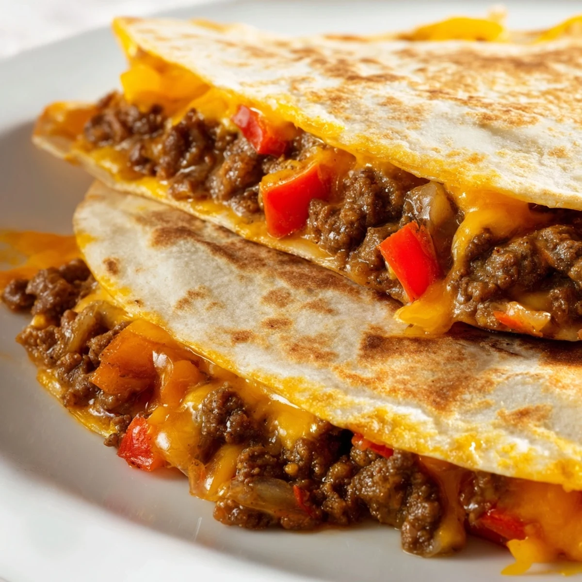 Golden brown Beef Quesadillas with Salsa and Guacamole on a plate, melted cheddar and Monterey Jack cheese oozing from the crispy tortillas.