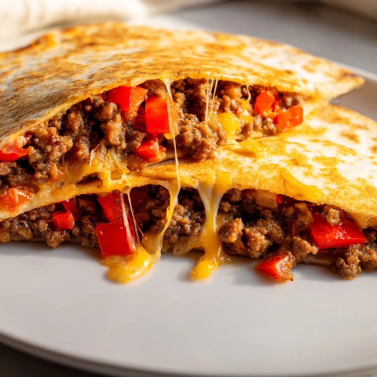 Freshly prepared Beef Quesadillas with Salsa and Guacamole, garnished with cilantro and served alongside spicy tomato salsa and lime wedges.