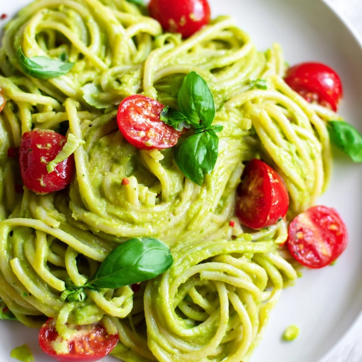 A vibrant bowl of Creamy Avocado Lime Pasta with Cherry Tomatoes, featuring halved tomatoes and lime zest for a zesty garnish.