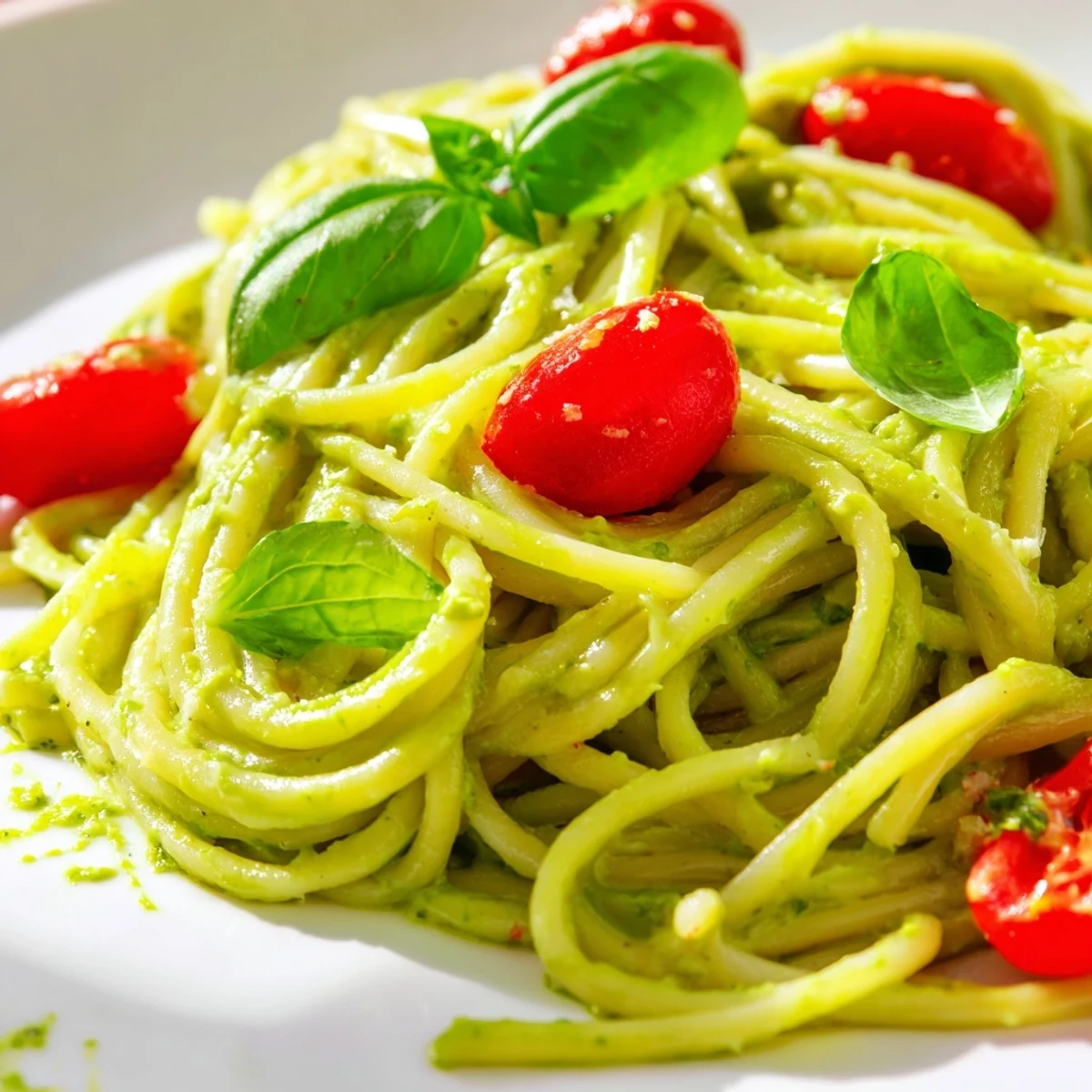 Creamy Avocado Lime Pasta with Cherry Tomatoes served in a white bowl, garnished with fresh basil leaves and a sprinkle of Parmesan cheese.