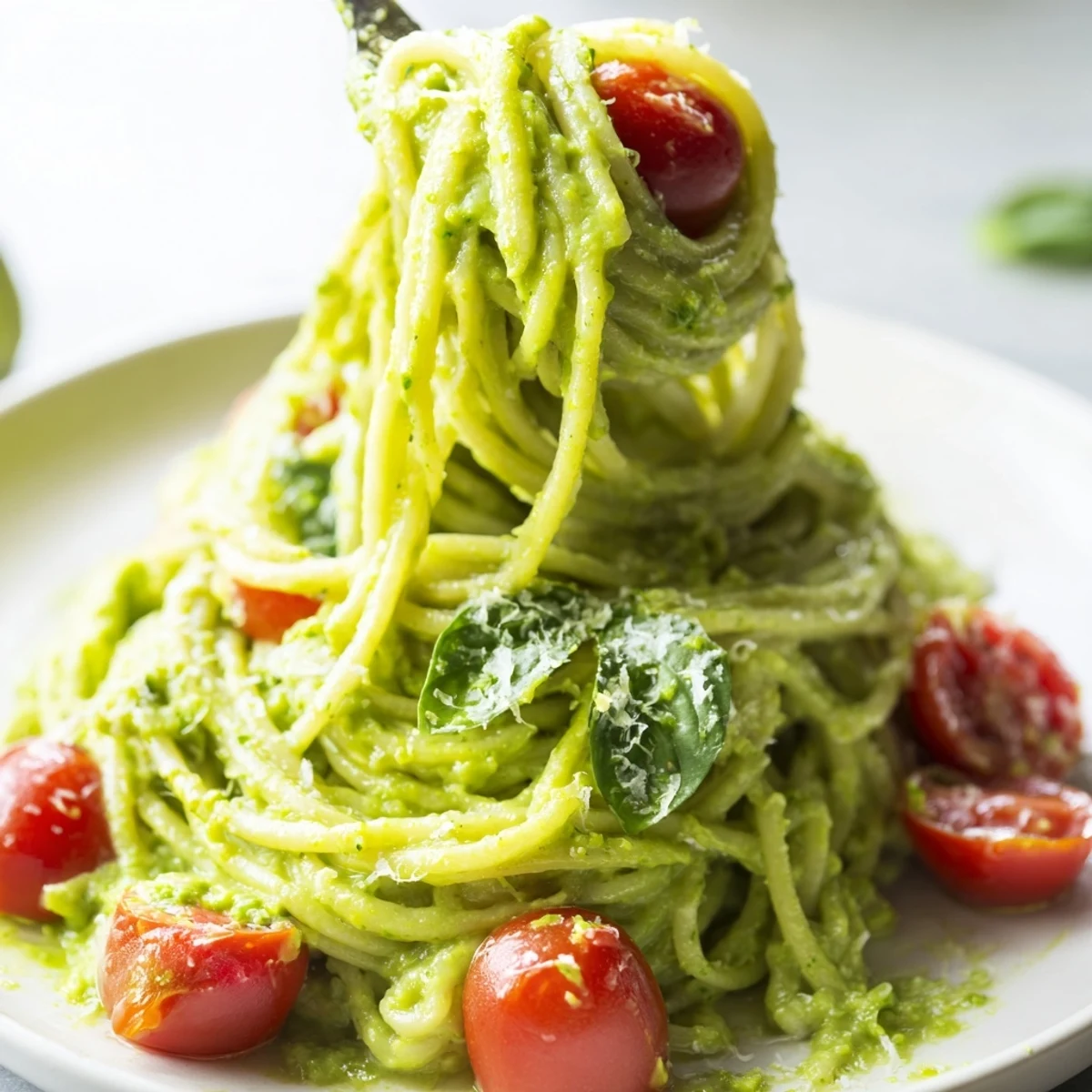 A close-up of Creamy Avocado Lime Pasta with Cherry Tomatoes, showcasing the rich, green sauce clinging to spaghetti noodles.