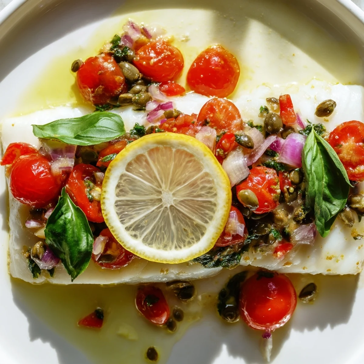 Tender baked halibut fillets topped with a vibrant tomato and basil relish and lemon slices.