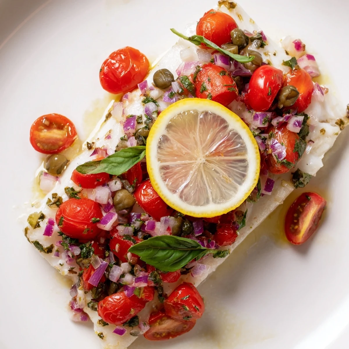 Fresh cherry tomatoes, chopped basil, and capers create a Mediterranean-style relish for flaky white fish.