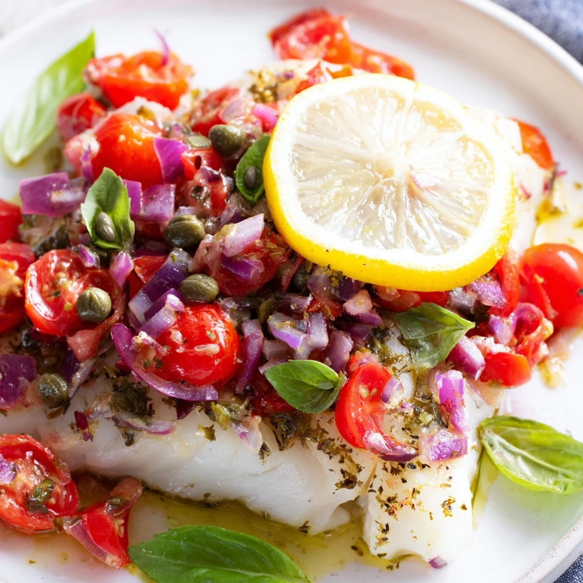 Golden-baked halibut served on a white plate, garnished with fresh basil for a healthy weeknight dinner.