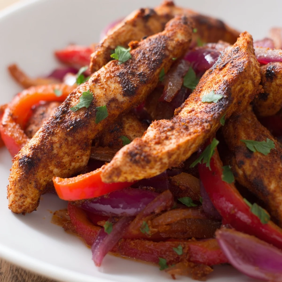 Juicy Sheet Pan Chicken Fajitas with Onions and Peppers roasted with colorful vegetables on a baking sheet.