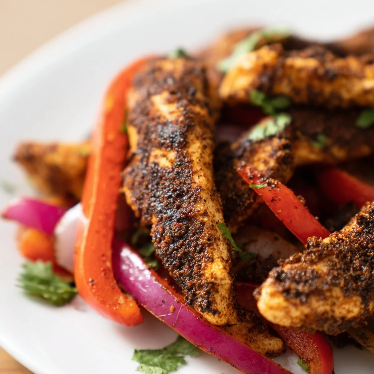 Tender strips of Sheet Pan Chicken Fajitas with Onions and Peppers served warm with flour tortillas and fresh lime.