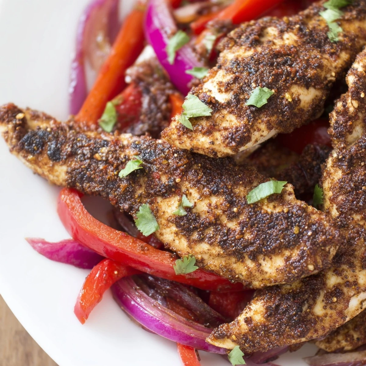 Sizzling Sheet Pan Chicken Fajitas with Onions and Peppers topped with chopped cilantro and optional sour cream.