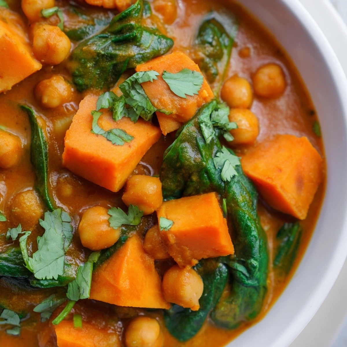 Homemade Vegan Sweet Potato Curry simmering in a pot, featuring tender sweet potato cubes, creamy coconut sauce, and wilted spinach leaves for a comforting meal.