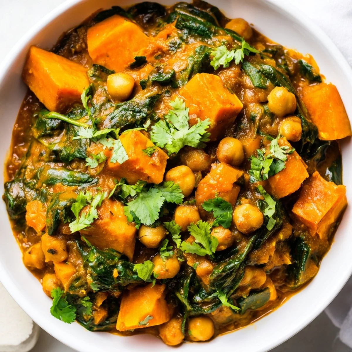A steaming bowl of Vegan Sweet Potato Curry topped with fresh cilantro and lime wedges, served alongside fluffy white rice for a satisfying lunch or dinner.