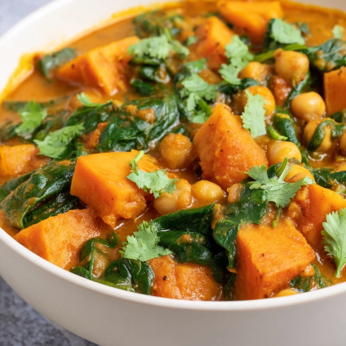 Close-up of Vegan Sweet Potato Curry showing hearty chickpeas, vibrant orange sweet potatoes, and dark green spinach in a rich, fragrant coconut-tomato sauce.