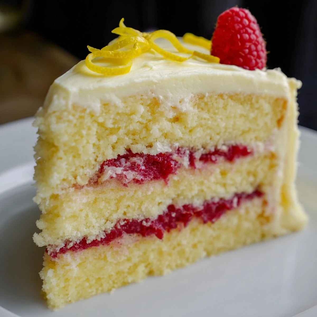 Freshly baked Lemon Raspberry Layer Cake with Buttercream, sliced to show moist crumb and vibrant raspberry filling.