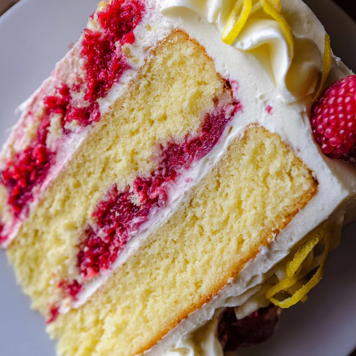 Layered Lemon Raspberry Layer Cake with Buttercream, topped with fresh berries and lemon zest curls on a white plate.