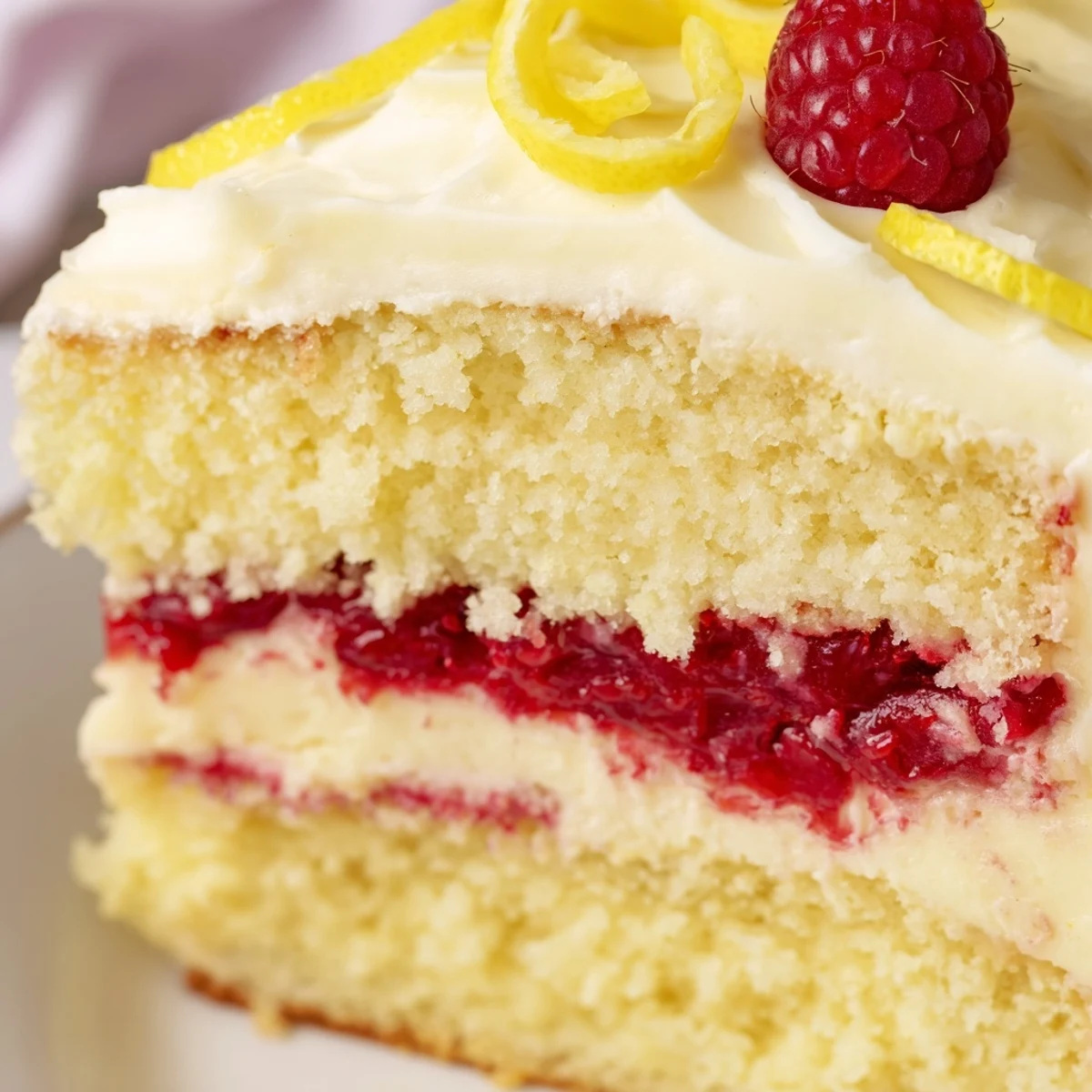 Silky lemon buttercream frosting being smoothed over a multi-layer Lemon Raspberry Layer Cake with Buttercream for a special occasion.