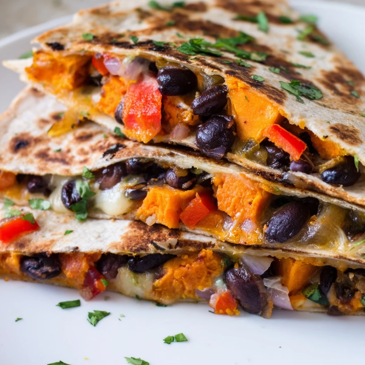 A close-up view of a Roasted Sweet Potato and Black Bean Quesadilla reveals a vibrant filling of sweet potatoes and black beans inside a crispy tortilla.